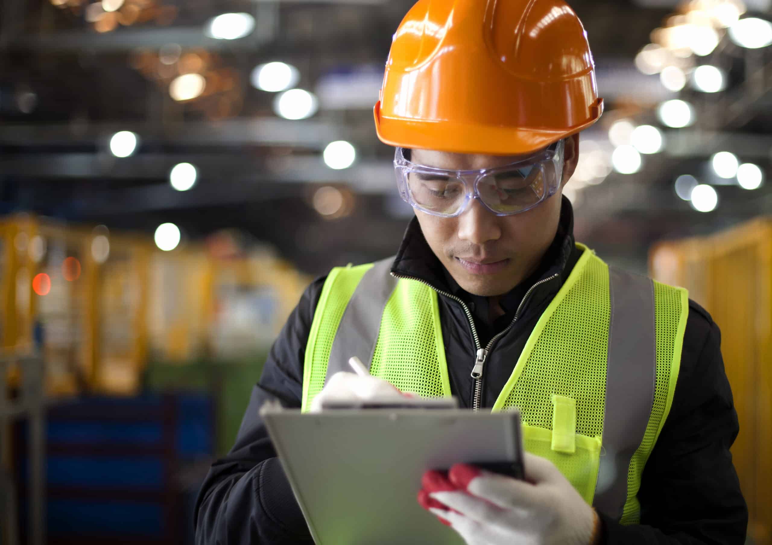 industrial engineer writing on notepad in factory