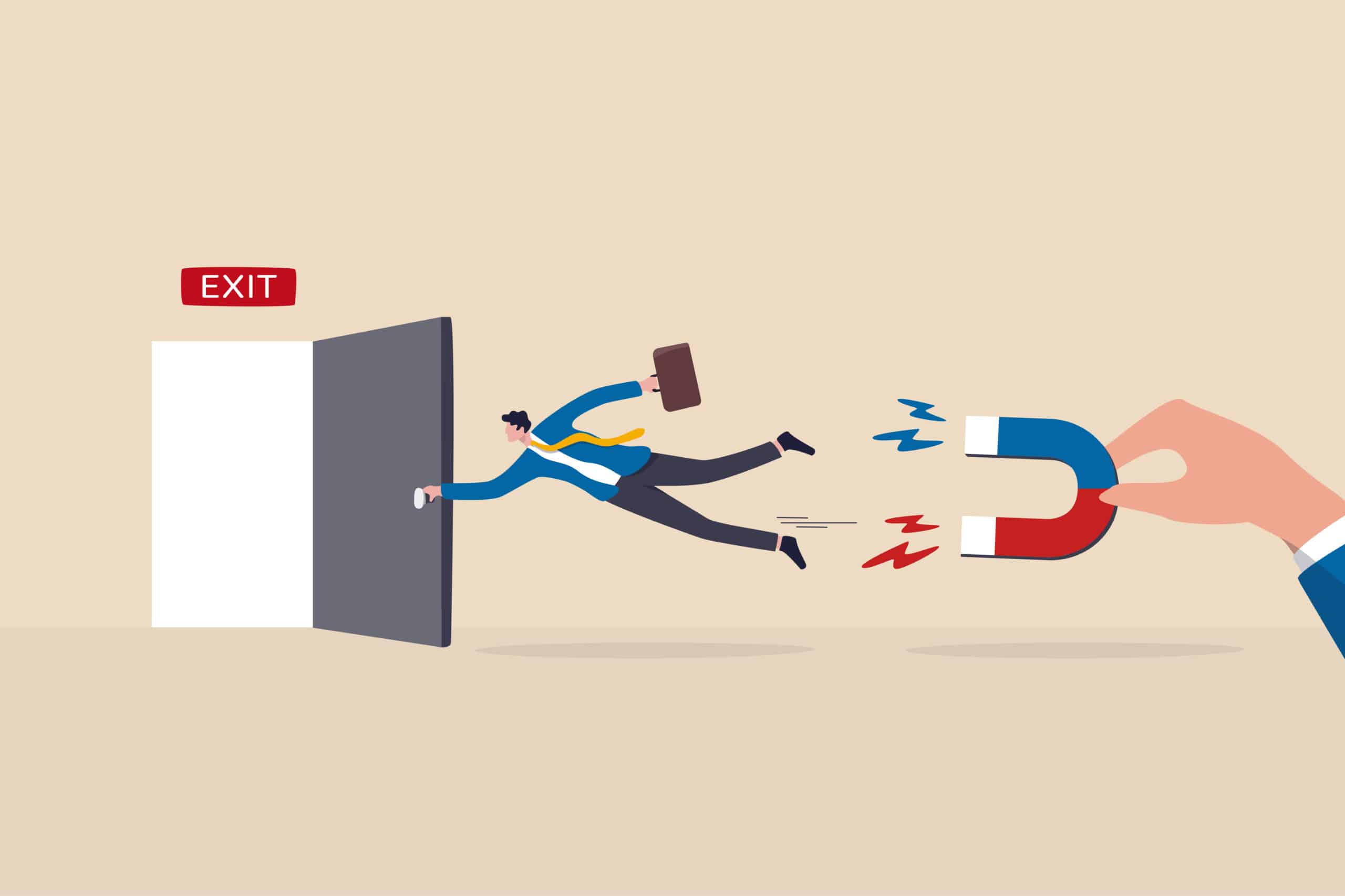 Incentive and welfare program for employee retention, building s Incentive and welfare program for employee retention, building staffs loyalty reduce resignation rate for important talent, boss holding magnet to pull back resigned or leaving employee.